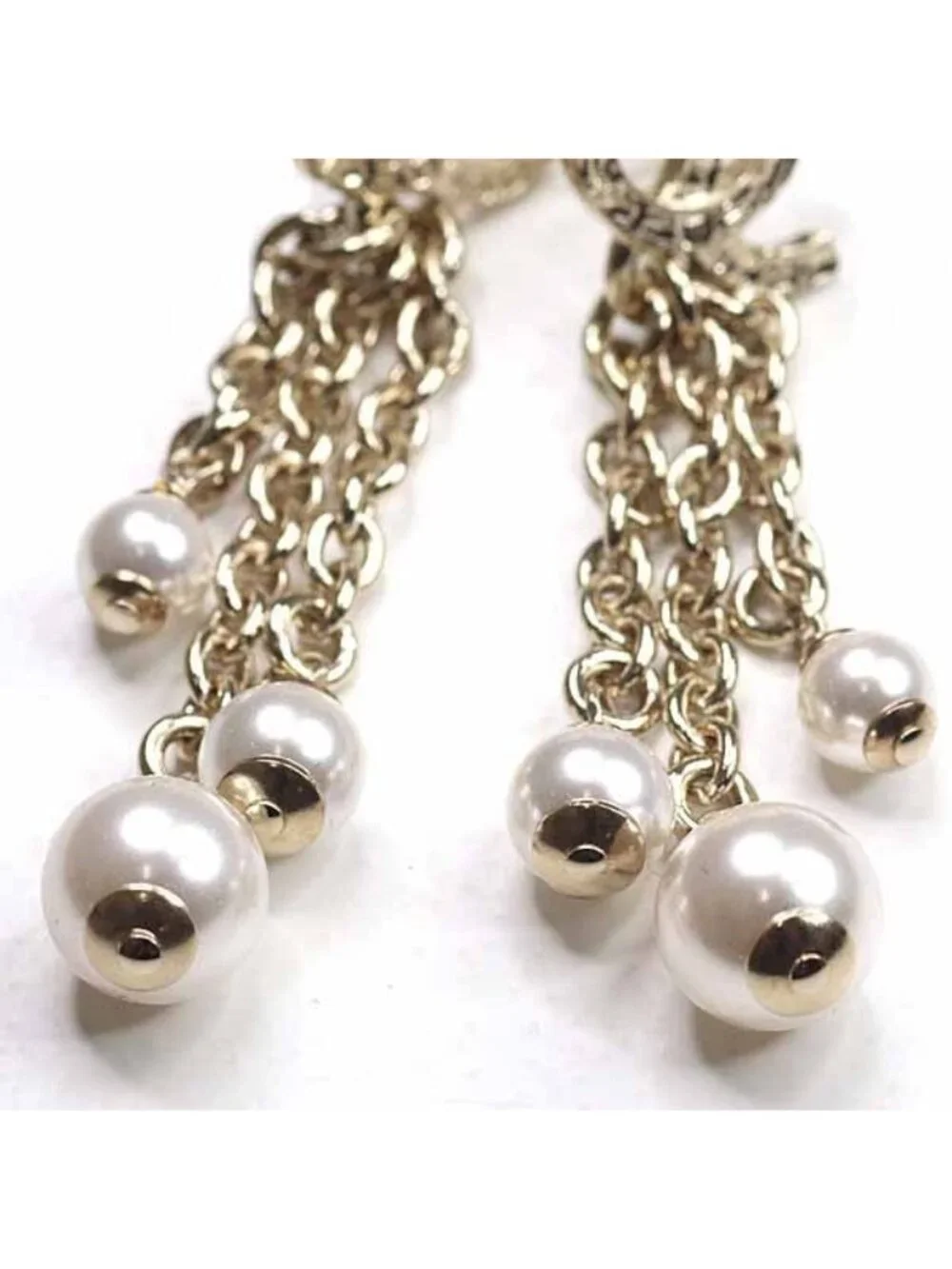 Chanel Pearl Chain Coco Mark Earrings Metal Rai White Gold B25 A